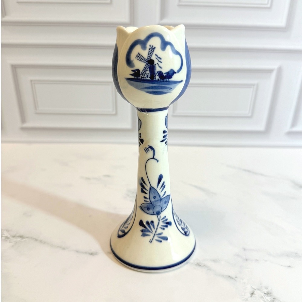 VTG Vero Hand Painted Delfts Blue Holland Pottery 7" Tulip Candle Holder